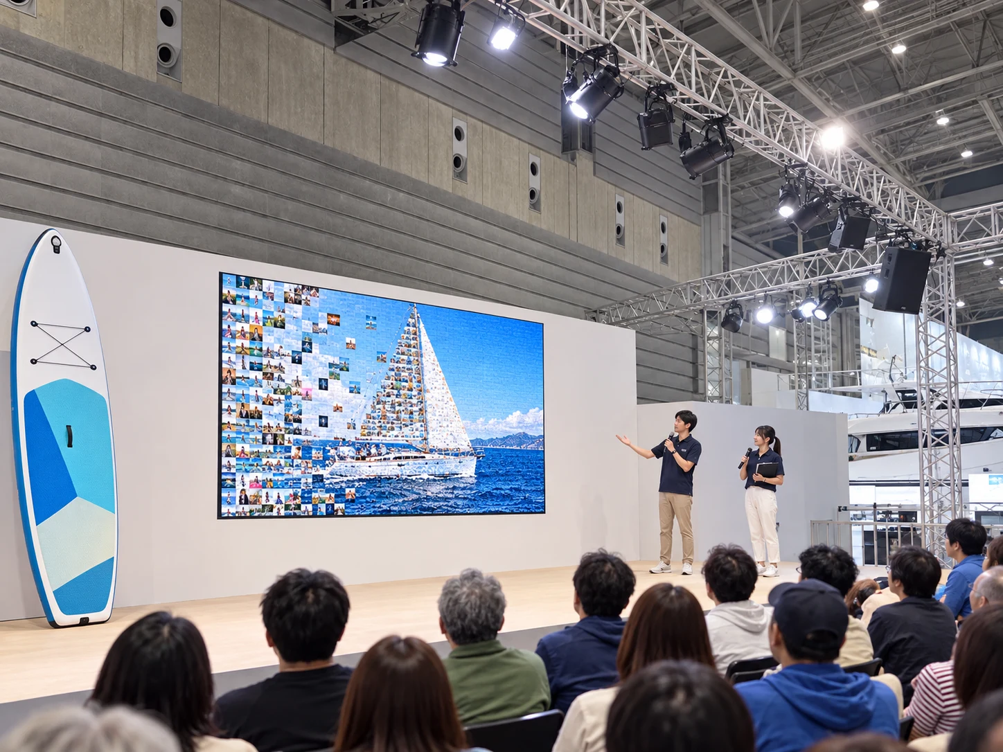 展示会場のステージに設置したモニターで、ヨットのモザイクアートを使った映像を上映する様子