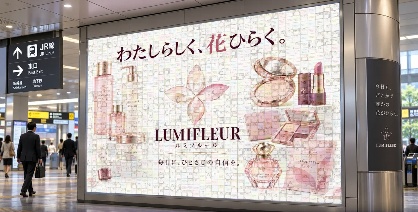 駅構内の大型ビジョンに表示したモザイクアートのイメージ